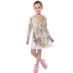 Vintage Floral Illustration Kids  Long Sleeve Velvet Dress