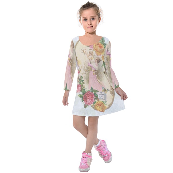 Vintage Floral Illustration Kids  Long Sleeve Velvet Dress