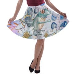 Funny, Cute Frog With Waterlily And Leaves A-line Skater Skirt by FantasyWorld7