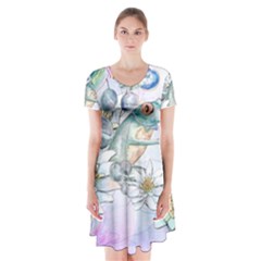 Funny, Cute Frog With Waterlily And Leaves Short Sleeve V-neck Flare Dress by FantasyWorld7