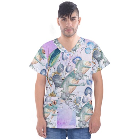 Funny, Cute Frog With Waterlily And Leaves Men s V-neck Scrub Top by FantasyWorld7