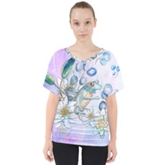 Funny, Cute Frog With Waterlily And Leaves V-neck Dolman Drape Top