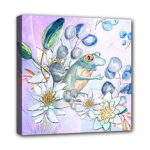 Funny, Cute Frog With Waterlily And Leaves Mini Canvas 8  X 8  by FantasyWorld7