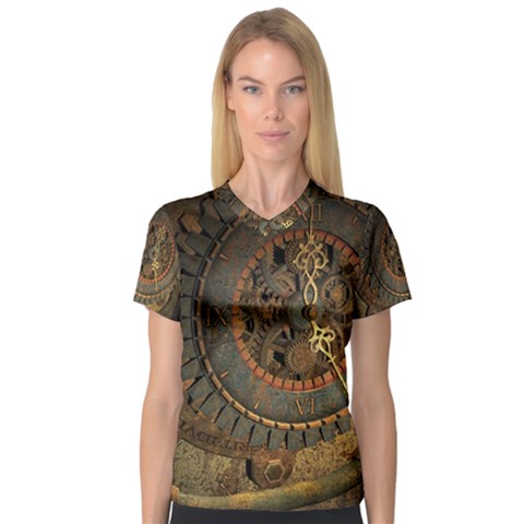 Steampunk, Awesoeme Clock, Rusty Metal V-neck Sport Mesh Tee by FantasyWorld7