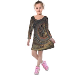 Steampunk, Awesoeme Clock, Rusty Metal Kids  Long Sleeve Velvet Dress by FantasyWorld7