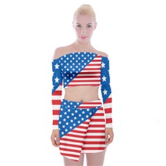 Usa Flag Off Shoulder Top With Skirt Set