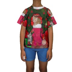 Christmas, Funny Kitten With Gifts Kids  Short Sleeve Swimwear by FantasyWorld7