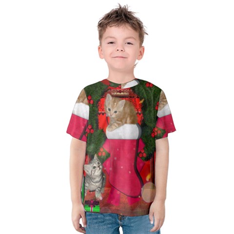 Christmas, Funny Kitten With Gifts Kids  Cotton Tee by FantasyWorld7