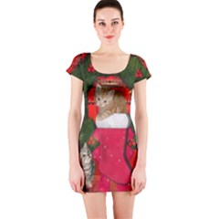 Christmas, Funny Kitten With Gifts Short Sleeve Bodycon Dress by FantasyWorld7