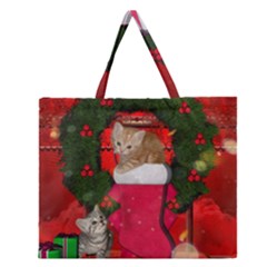 Christmas, Funny Kitten With Gifts Zipper Large Tote Bag by FantasyWorld7