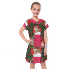 Christmas, Funny Kitten With Gifts Kids  Drop Waist Dress by FantasyWorld7