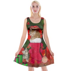 Christmas, Funny Kitten With Gifts Reversible Velvet Sleeveless Dress by FantasyWorld7