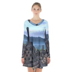 Borobudur Temple  Morning Serenade Long Sleeve Velvet V-neck Dress by Nexatart