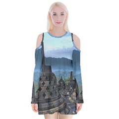 Borobudur Temple  Morning Serenade Velvet Long Sleeve Shoulder Cutout Dress by Nexatart