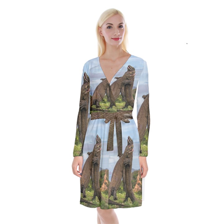 Komodo Dragons Fight Long Sleeve Velvet Front Wrap Dress