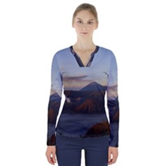 Sunrise Mount Bromo Tengger Semeru National Park  Indonesia V-neck Long Sleeve Top