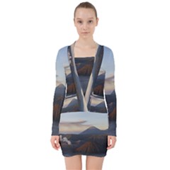 Sunrise Mount Bromo Tengger Semeru National Park  Indonesia V-neck Bodycon Long Sleeve Dress