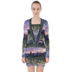 Tamblingan Morning Reflection Tamblingan Lake Bali  Indonesia V-neck Bodycon Long Sleeve Dress