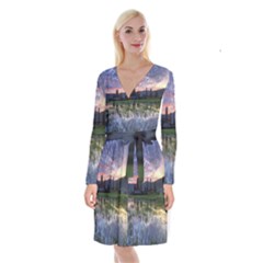 Tamblingan Morning Reflection Tamblingan Lake Bali  Indonesia Long Sleeve Velvet Front Wrap Dress by Nexatart