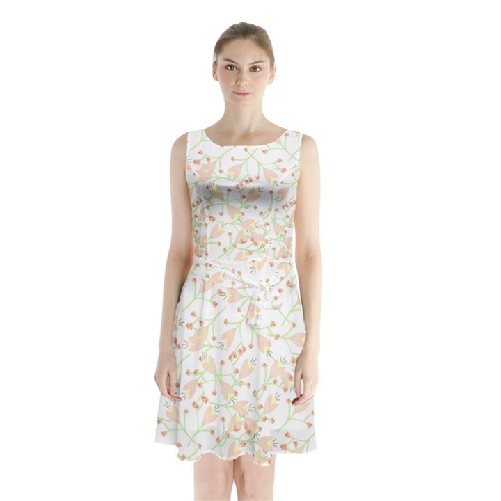 Small Floral Flowers Pattern  Sleeveless Waist Tie Chiffon Dress