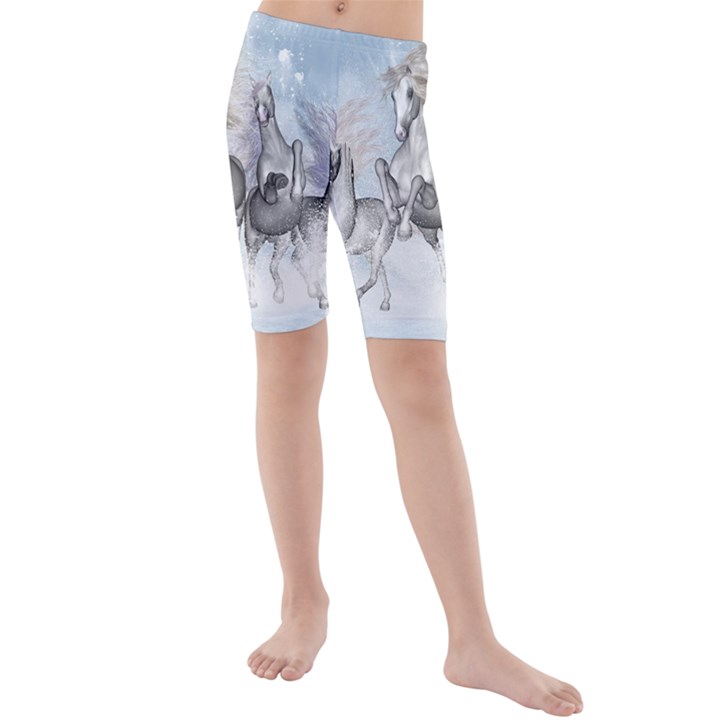 Awesome Running Horses In The Snow Kids  Mid Length Swim Shorts