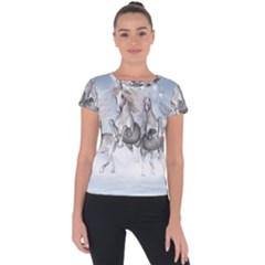 Awesome Running Horses In The Snow Short Sleeve Sports Top  by FantasyWorld7