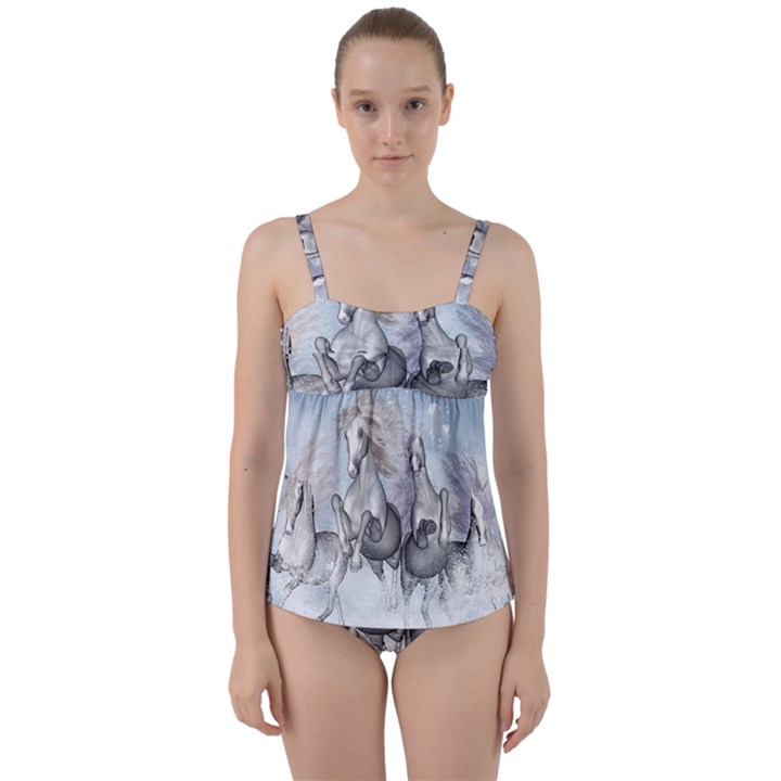 Awesome Running Horses In The Snow Twist Front Tankini Set