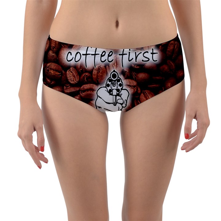 Coffee First, Ok Reversible Mid-Waist Bikini Bottoms