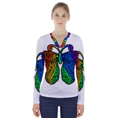 Rainbow Butterfly  V-neck Long Sleeve Top