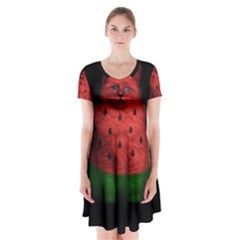 Watermelon Cat Short Sleeve V-neck Flare Dress by Valentinaart