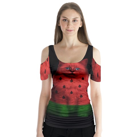 Watermelon Cat Butterfly Sleeve Cutout Tee  by Valentinaart