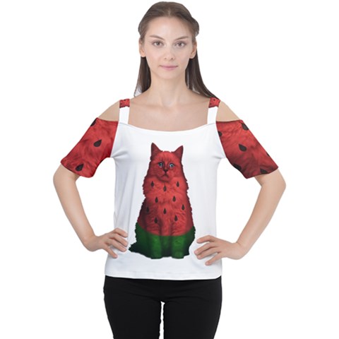 Watermelon Cat Cutout Shoulder Tee by Valentinaart