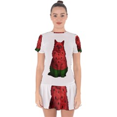 Watermelon Cat Drop Hem Mini Chiffon Dress