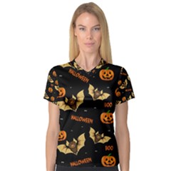 Bat, Pumpkin And Spider Pattern V-neck Sport Mesh Tee