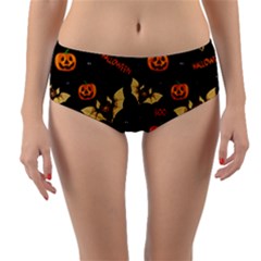 Bat, Pumpkin And Spider Pattern Reversible Mid-waist Bikini Bottoms