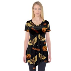 Bat, Pumpkin And Spider Pattern Short Sleeve Tunic  by Valentinaart