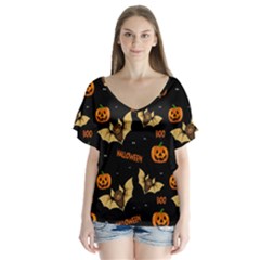 Bat, Pumpkin And Spider Pattern V-neck Flutter Sleeve Top by Valentinaart