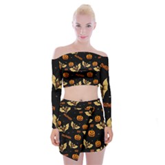 Bat, Pumpkin And Spider Pattern Off Shoulder Top With Skirt Set by Valentinaart