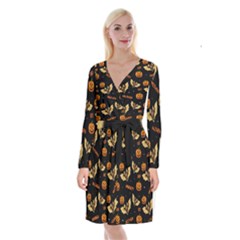 Bat, Pumpkin And Spider Pattern Long Sleeve Velvet Front Wrap Dress by Valentinaart