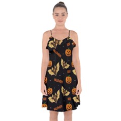 Bat, Pumpkin And Spider Pattern Ruffle Detail Chiffon Dress