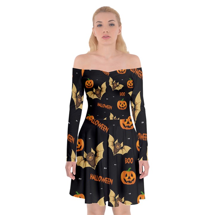 Bat, pumpkin and spider pattern Off Shoulder Skater Dress