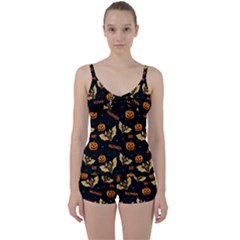 Bat, Pumpkin And Spider Pattern Tie Front Two Piece Tankini