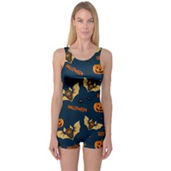 Bat, pumpkin and spider pattern One Piece Boyleg Swimsuit