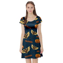 Bat, pumpkin and spider pattern Short Sleeve Skater Dress