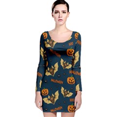 Bat, pumpkin and spider pattern Long Sleeve Velvet Bodycon Dress