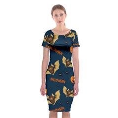 Bat, pumpkin and spider pattern Classic Short Sleeve Midi Dress