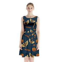 Bat, pumpkin and spider pattern Sleeveless Waist Tie Chiffon Dress