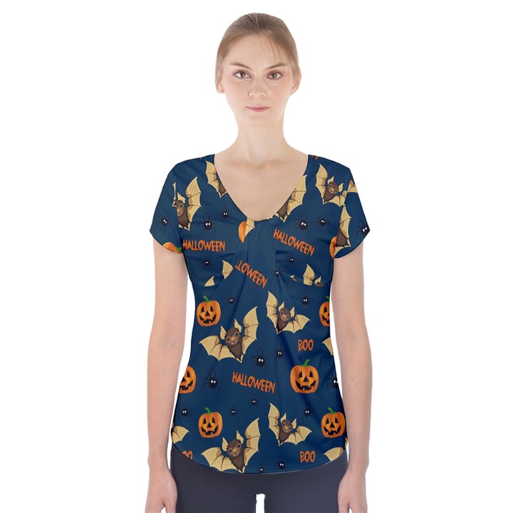 Bat, pumpkin and spider pattern Short Sleeve Front Detail Top