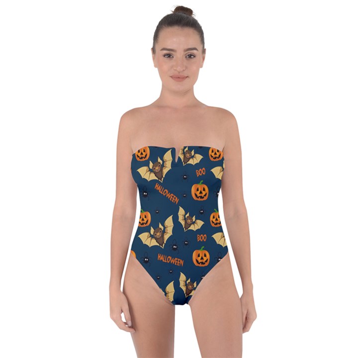 Bat, pumpkin and spider pattern Tie Back One Piece Swimsuit