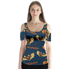 Bat, pumpkin and spider pattern Butterfly Sleeve Cutout Tee 